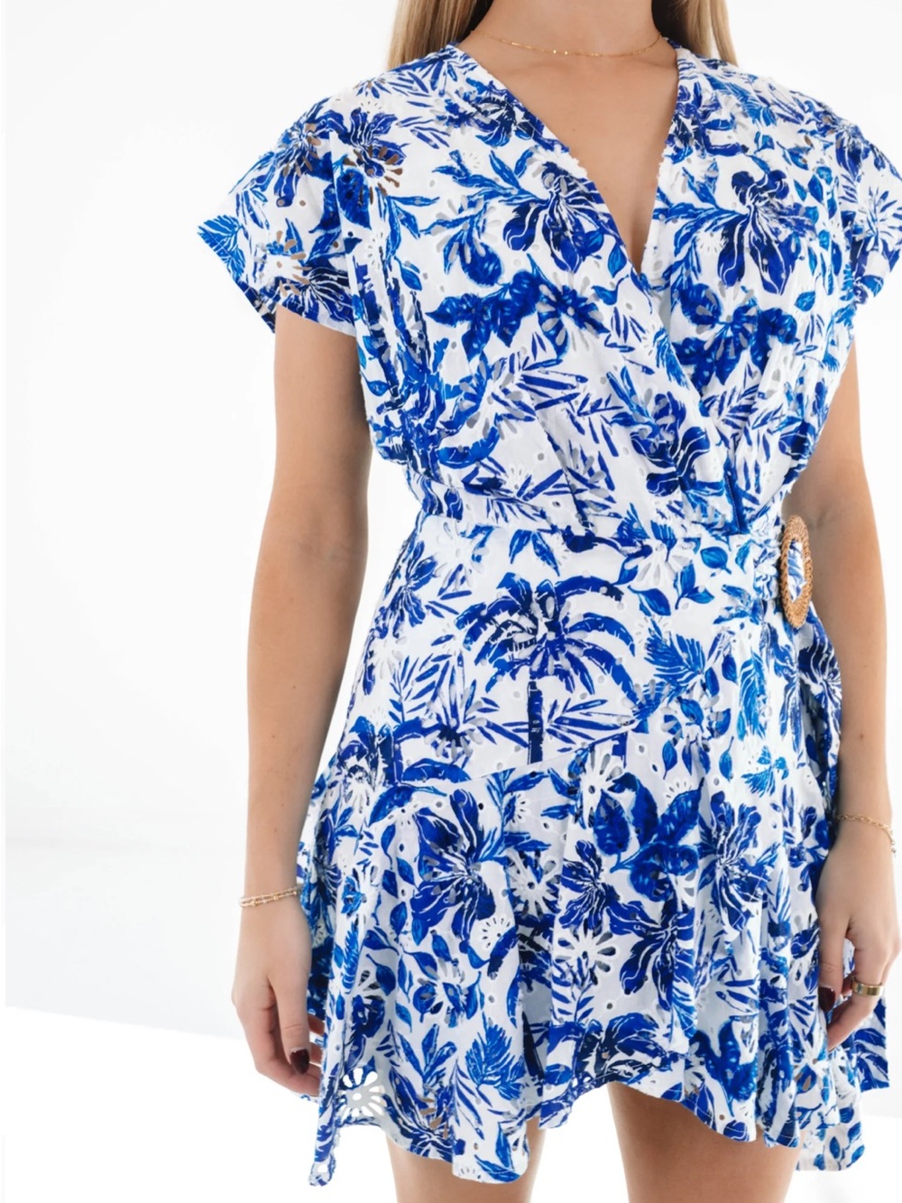 J. Marie The Hayden Eyelet Wrap Romper - White/Blue - Picture 3 of 16